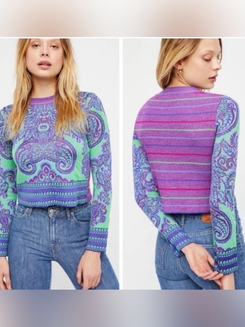 Free People New Age Paisley Cropped Crewneck Knit Sweater - XS